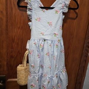 Rare Editions Blue Striped Dress with Pink Floral Embroidery